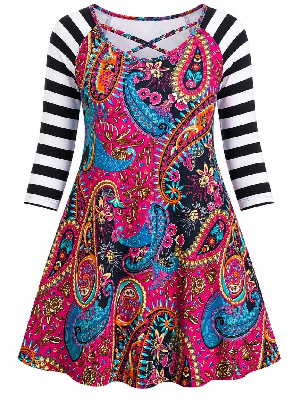 PAISLEY PARROT BY K LANE | Boho Paisley Mini Swing Dress Crisscross Neckline | M